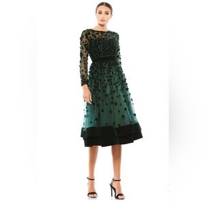 Mac Duggal Embellished Illusion High Neck Long Sleeve Tea Length Cocktail Dress